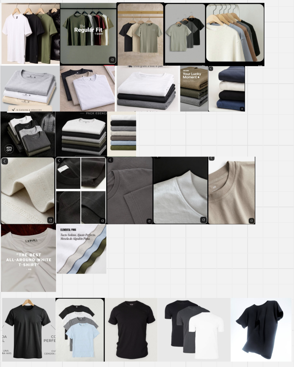 Referencias producto — remeras dobladas, colgadas y detalles